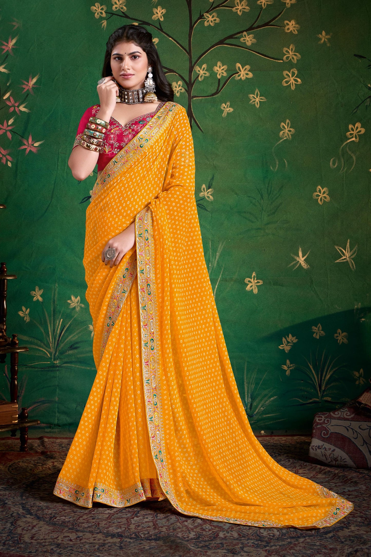 Mustard Yellow Bandhej Georgette Saree and Designer Blouse