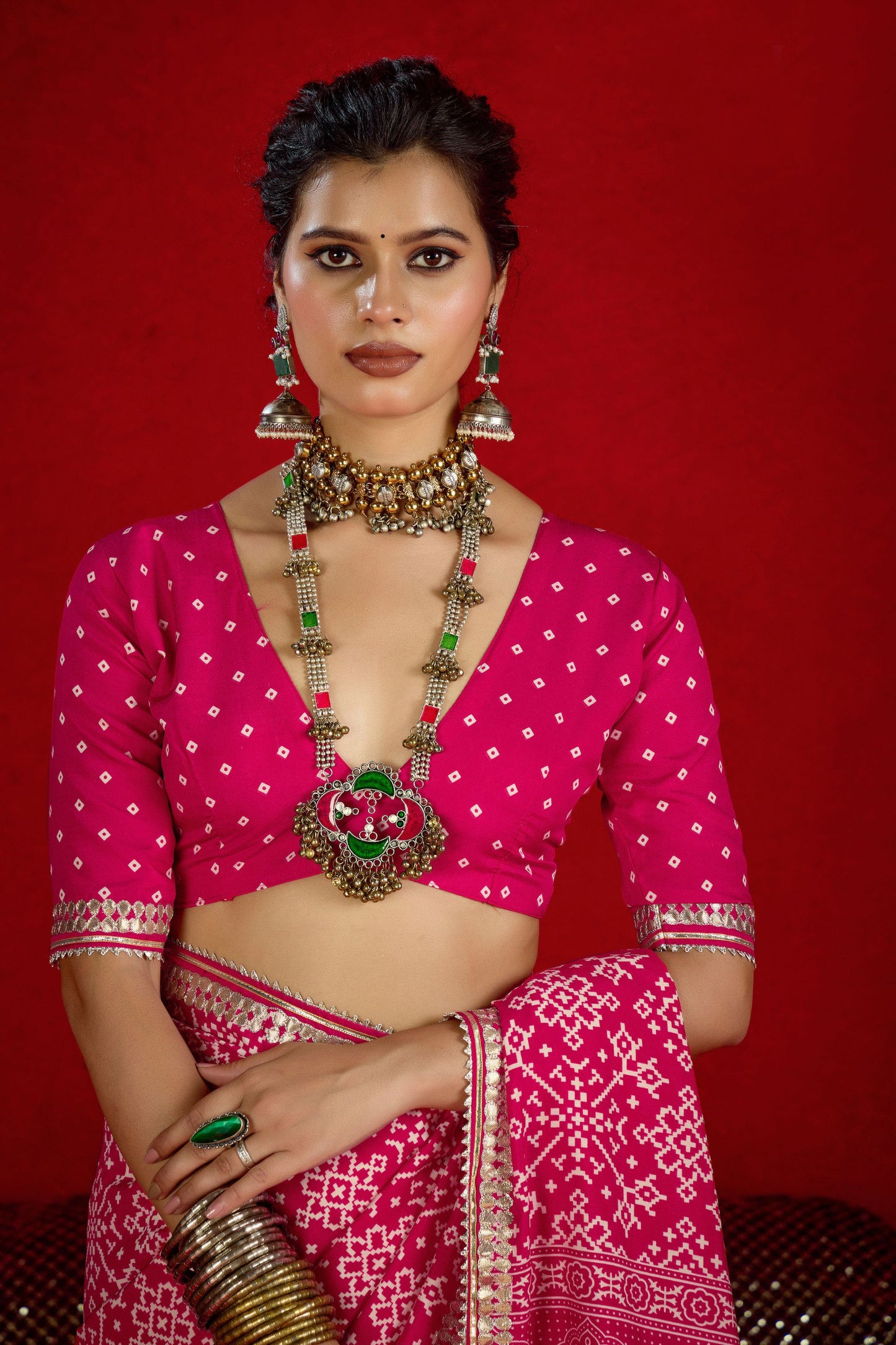 Designer Pink Bandhani Print Saree with Golden Border Festive Wear