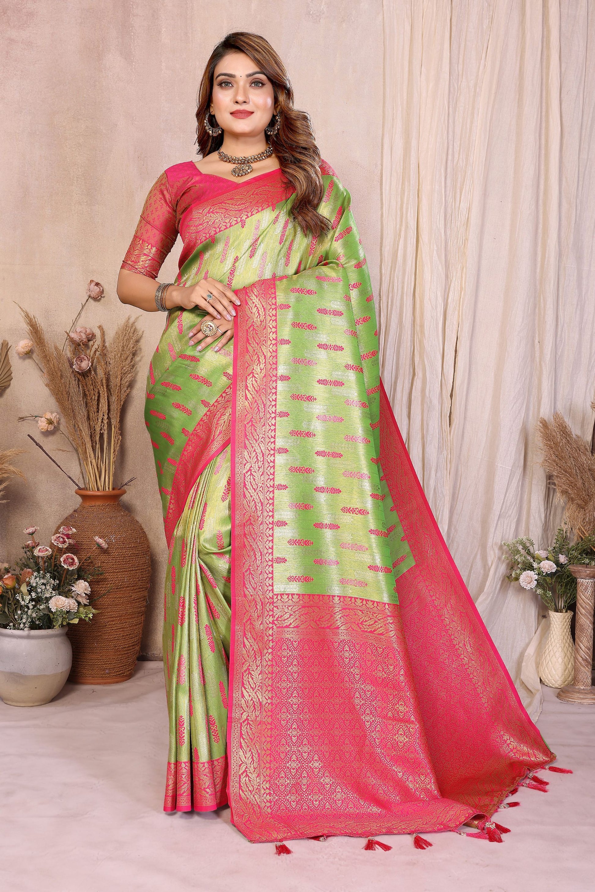 Green Pink Banarasi Silk Saree with Rich Zari Weaving and Contrasting Pallu 