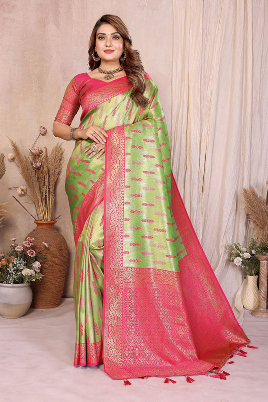 Green Pink Banarasi Silk Saree with Rich Zari Weaving and Contrasting Pallu 