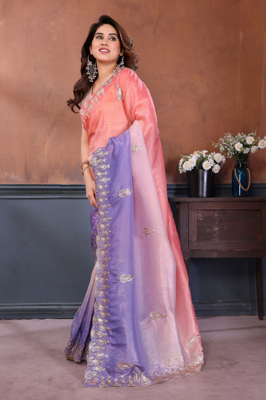 Pink Lavender Embroidered Organza Silk Saree Designer Border