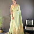 Mint Green Linen Silk Saree with Golden Zari Border Tassel Pallu