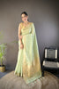 Mint Green Linen Silk Saree with Golden Zari Border Tassel Pallu