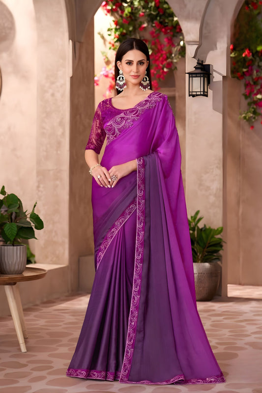 Purple Georgette Saree Embroidered Lace Border Designer Blouse