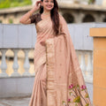 Peach Pink Linen Silk Saree Hand-Painted Lotus Pallu Zari Border