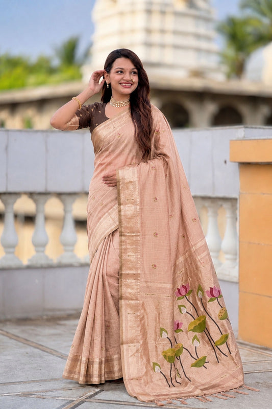 Peach Pink Linen Silk Saree Hand-Painted Lotus Pallu Zari Border