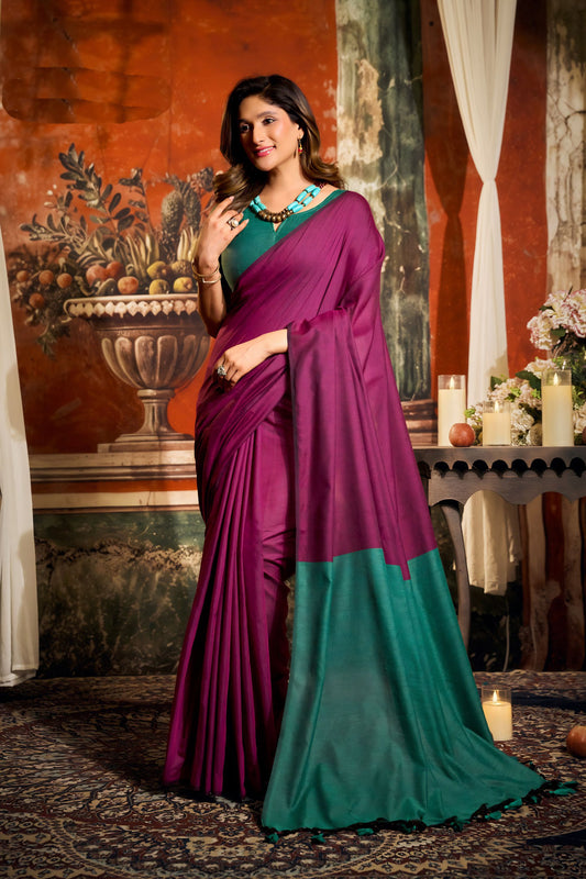 Magenta and Green Dual Tone Silk Saree with Minimal Design