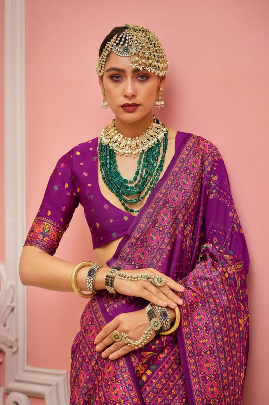 Luxury Purple Patola Silk Saree With Traditional Bandhej And Contrast Border