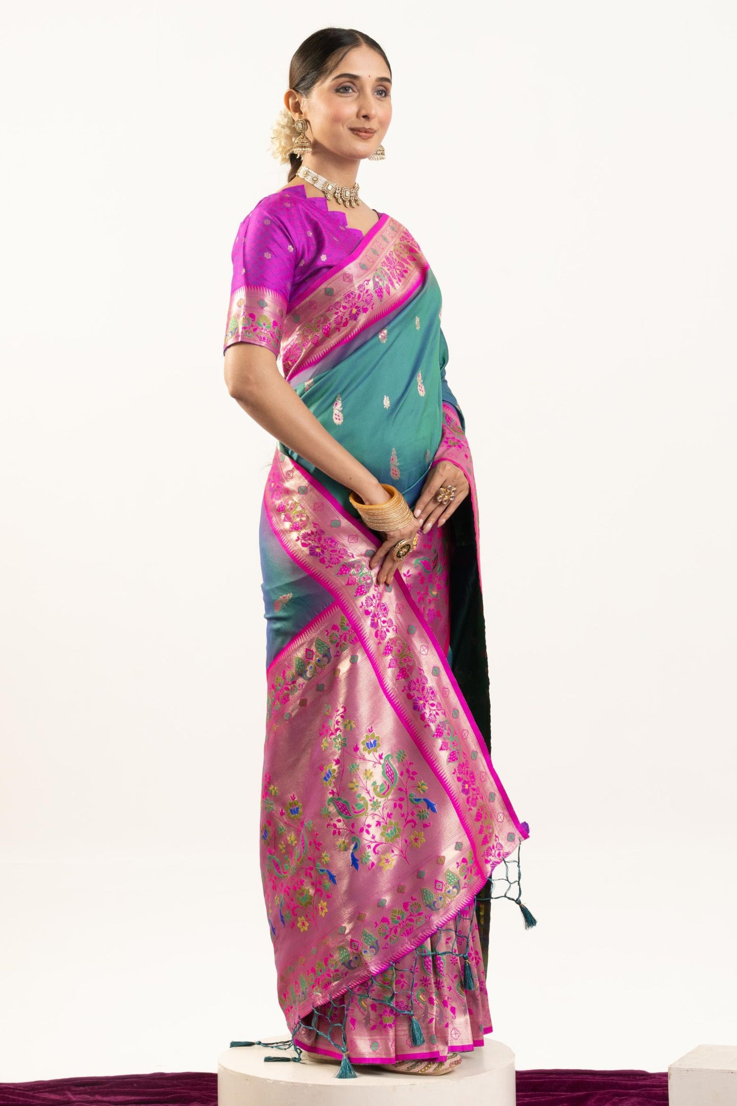 Teal Green Paithani Silk Saree with Pink Border Floral Zari Woven Pallu