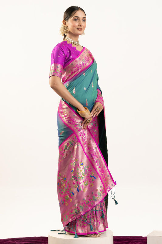 Teal Green Paithani Silk Saree with Pink Border Floral Zari Woven Pallu
