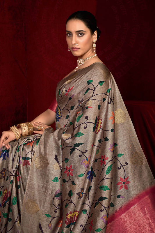 Grey Silk Saree with Multicolor Rich Pink Banarasi Pallu