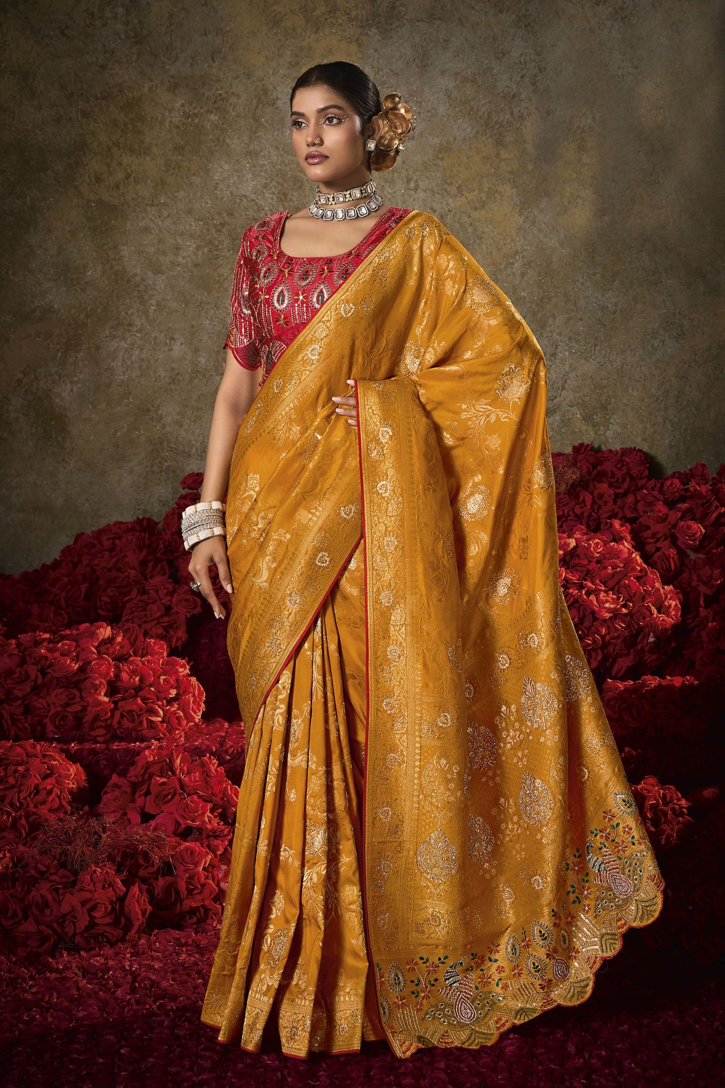 Mustard Yellow Banarasi Silk Saree Rich Gold Zari Weaving Embroidered Border 