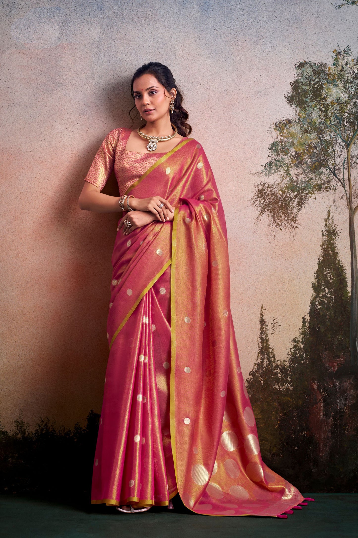 Rani Pink Silk Saree with Golden Zari Polka Dot Weaving Designer Saree