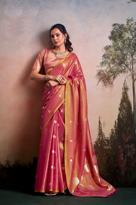 Rani Pink Silk Saree with Golden Zari Polka Dot Weaving Designer Saree