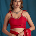 Red Satin Silk Saree with Gold Zari Border Designer Party Wear