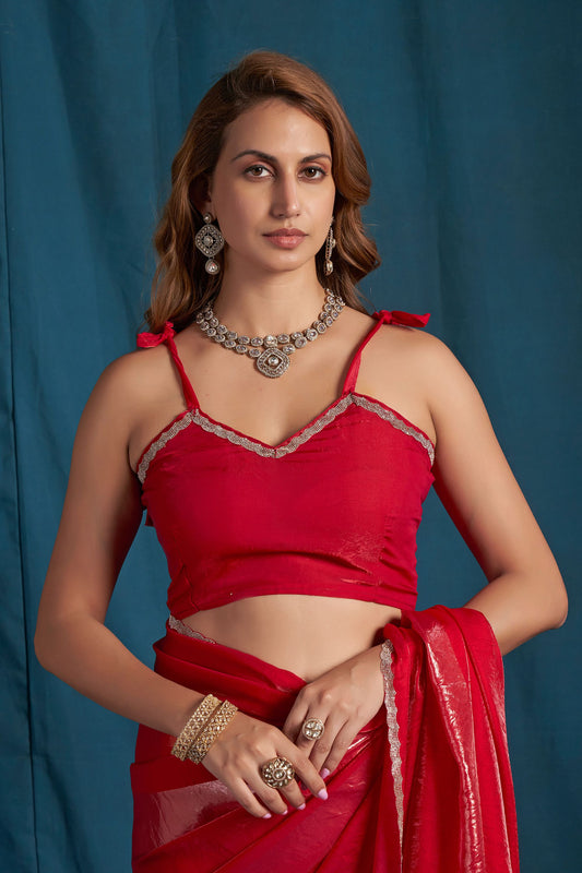 Red Satin Silk Saree with Gold Zari Border Designer Party Wear