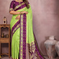 Lime Green Silk Blend Saree with Purple Zari Woven Border Rich Pallu