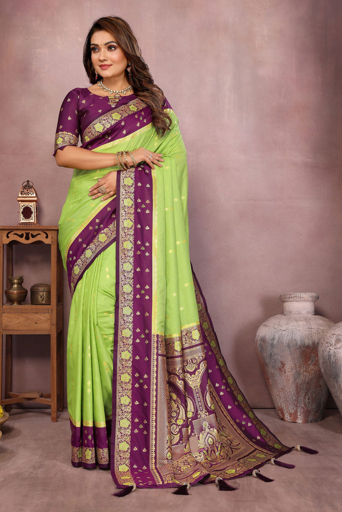 Lime Green Silk Blend Saree with Purple Zari Woven Border Rich Pallu