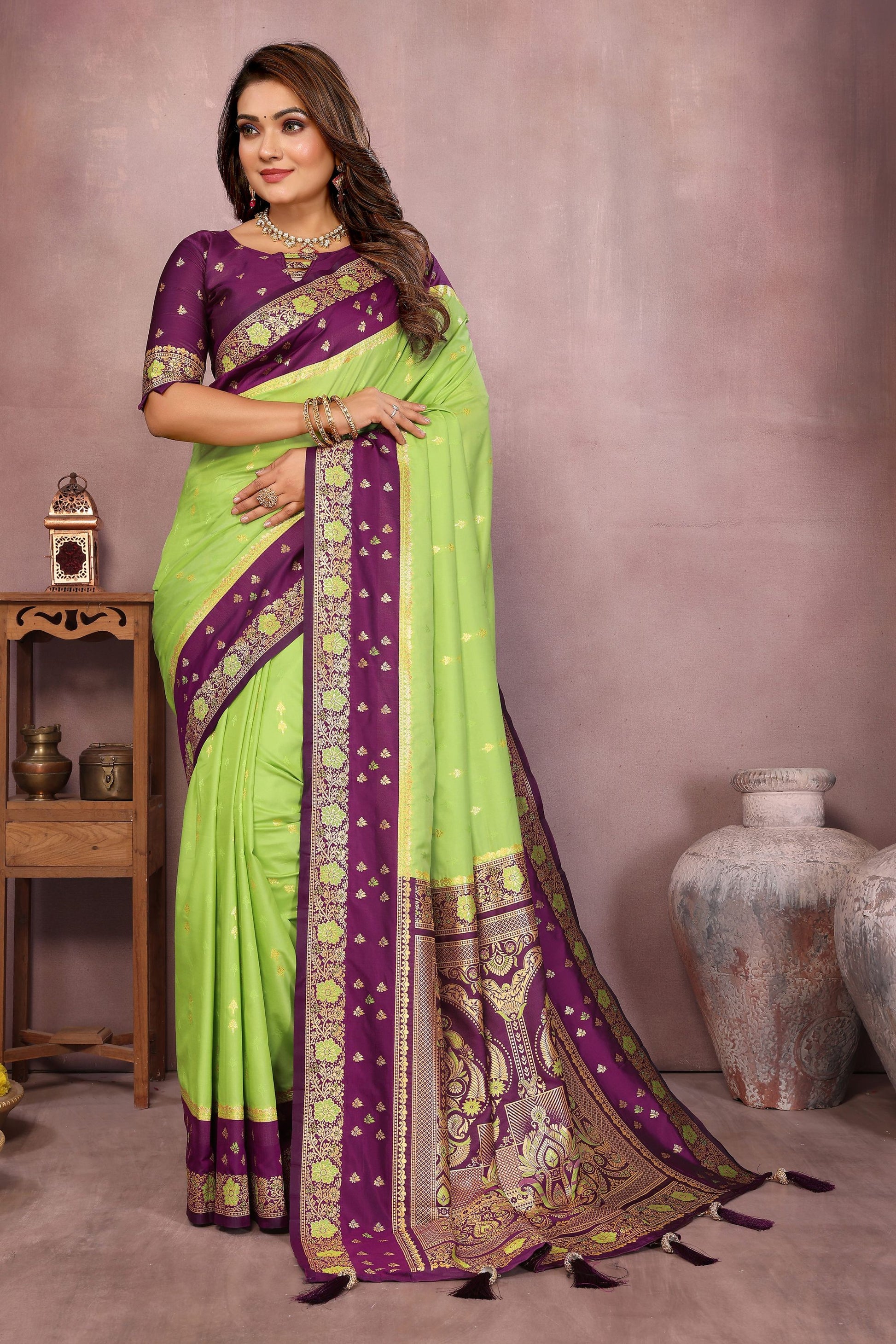 Lime Green Silk Blend Saree with Purple Zari Woven Border Rich Pallu