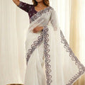 White Organza Saree with Purple Embroidered Border