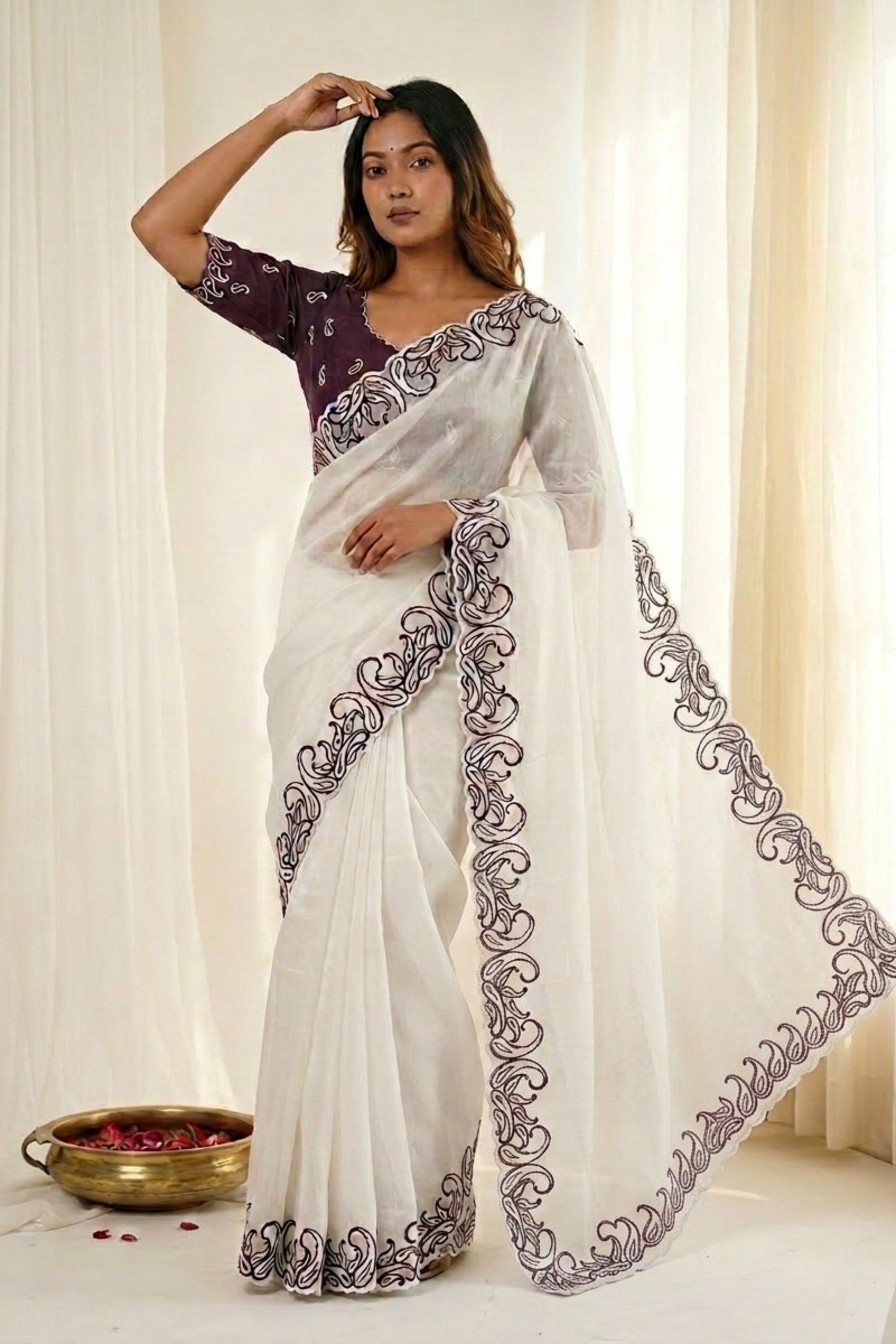 White Organza Saree with Purple Embroidered Border