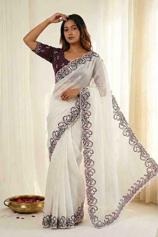 White Organza Saree with Purple Embroidered Border