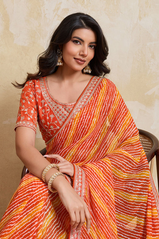 Orange Georgette Saree with Golden Embroidered Border Designer Blouse