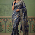 Royal Navy Blue Heavy Embroidered Banarasi Silk Saree