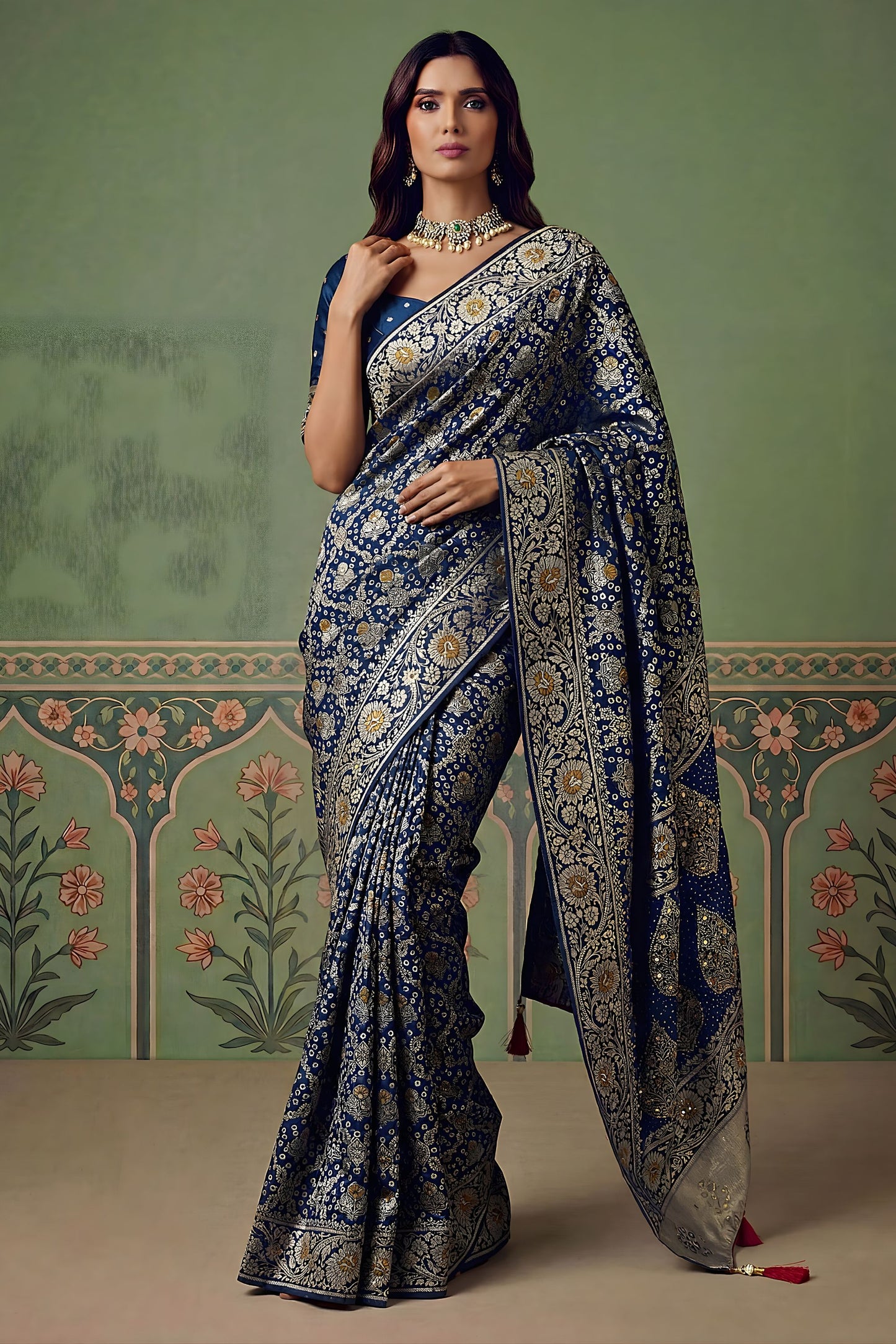 Royal Navy Blue Heavy Embroidered Banarasi Silk Saree