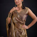 Coffee Brown Tissue Silk Saree with Gold Zari Polka Butti Work