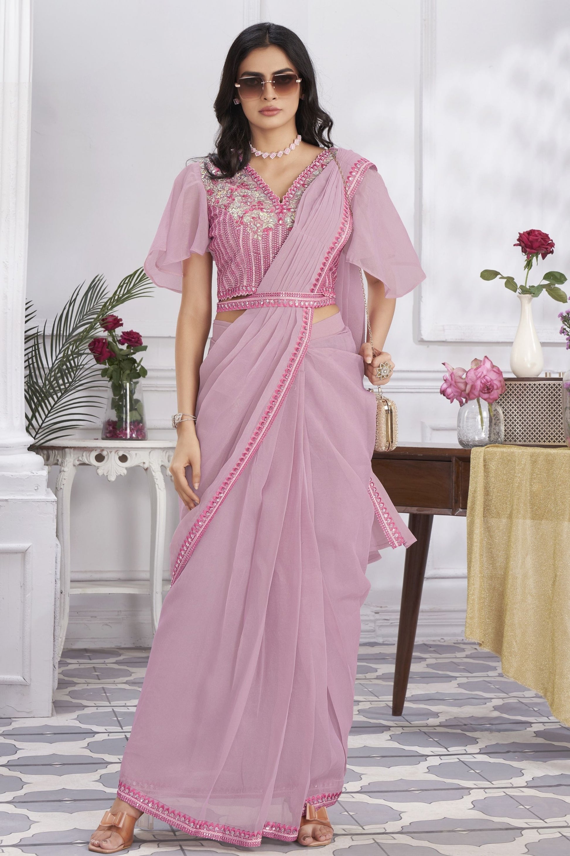 Elegant Pink Designer Saree with Embroidered Blouse