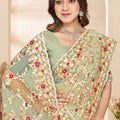 Designer Sage Green Net Floral Embroidered Saree Heavy Border Blouse