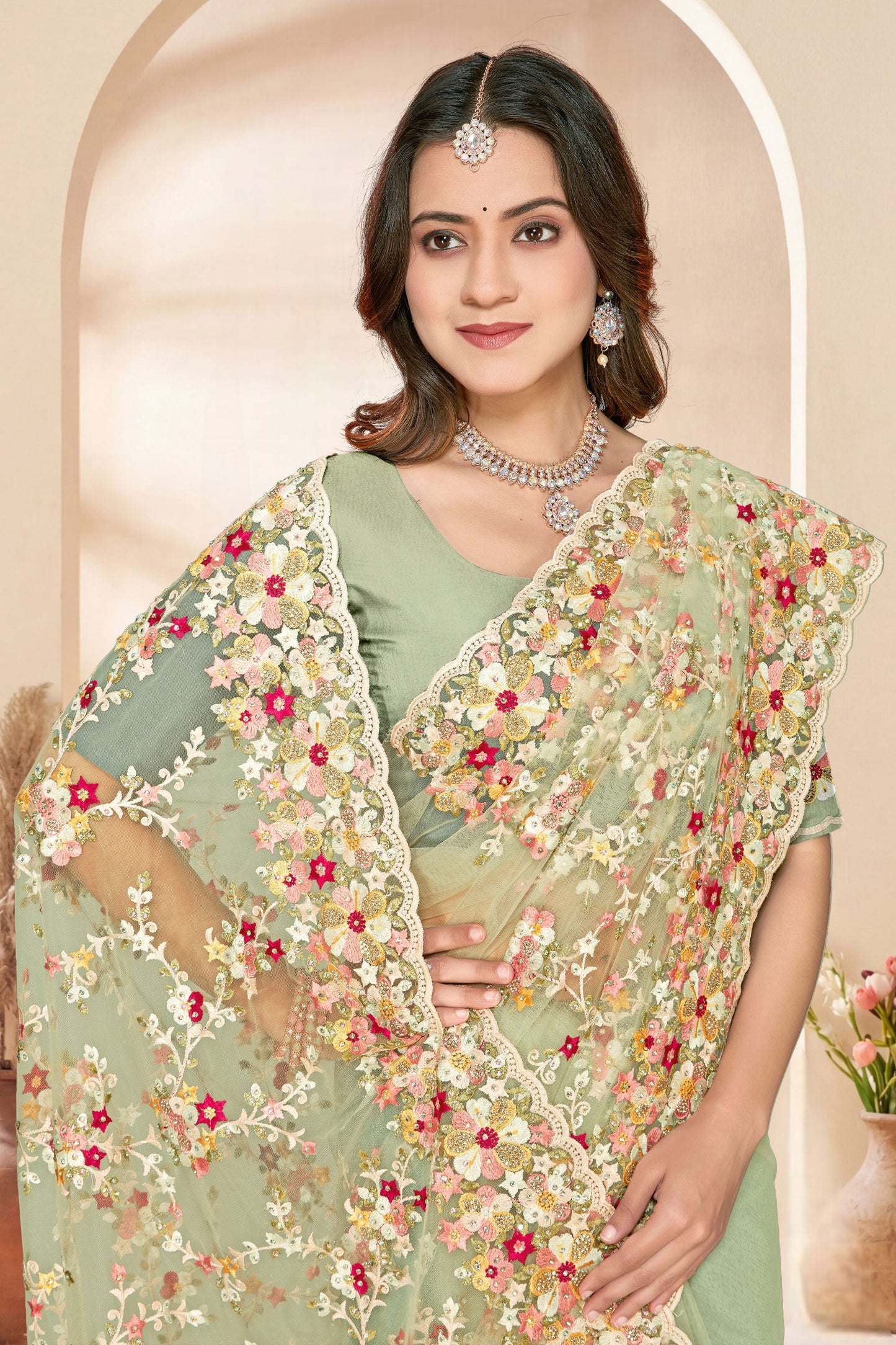 Designer Sage Green Net Floral Embroidered Saree Heavy Border Blouse