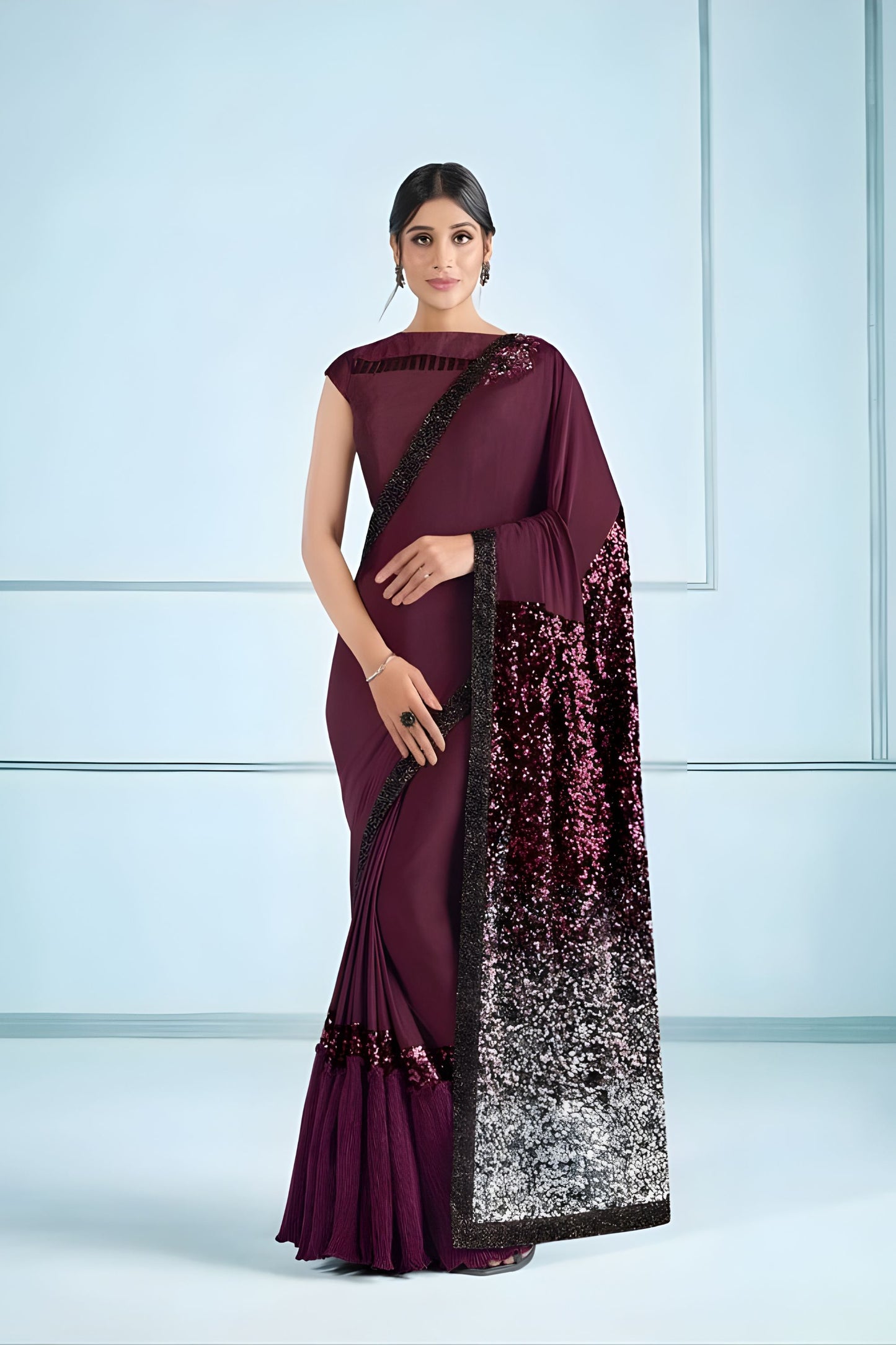 Wine Maroon Sequined Georgette Saree with Designer Blouse