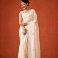 Cream Embroidered Georgette Saree Floral Motifs Designer Border