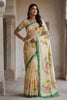 Cream Printed Linen Silk Saree Floral Design and Green Border