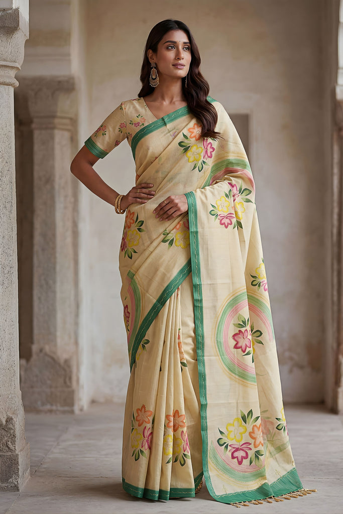 Cream Printed Linen Silk Saree Floral Design and Green Border