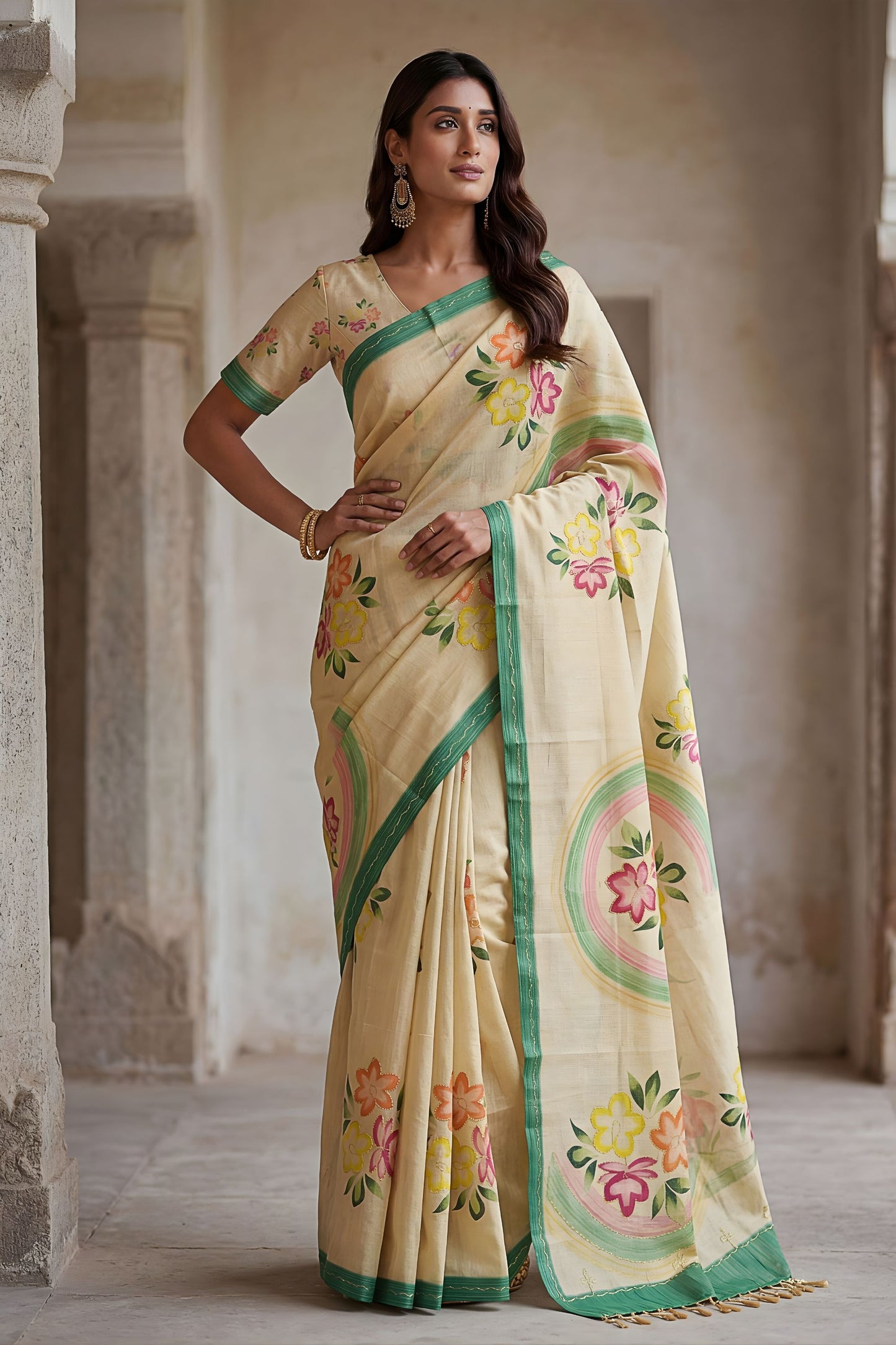 Cream Printed Linen Silk Saree Floral Design and Green Border