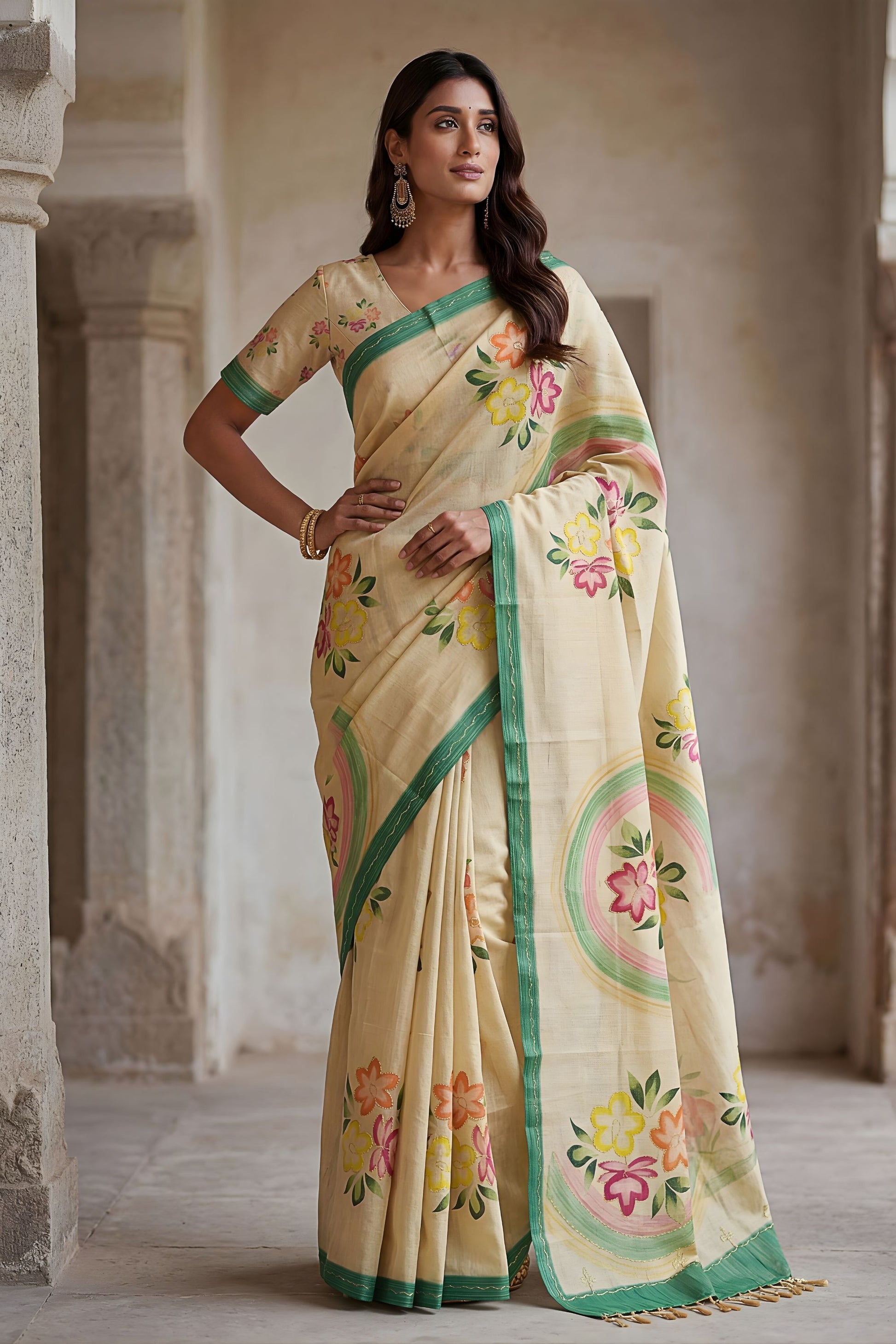 Cream Printed Linen Silk Saree Floral Design and Green Border