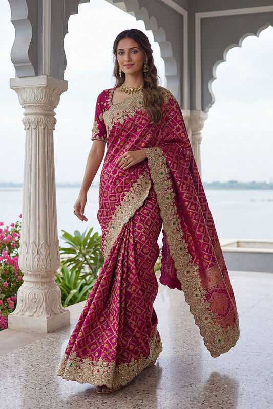 Rani Pink Banarasi Silk Saree Heavy Zari Embroidery Rich Designer Border