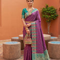 Magenta Silk Saree Teal Green Contrast Border Zari Weaving Festive Wear