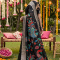 Black Linen Silk Saree Multicolor Peacock Floral Print Zari Border