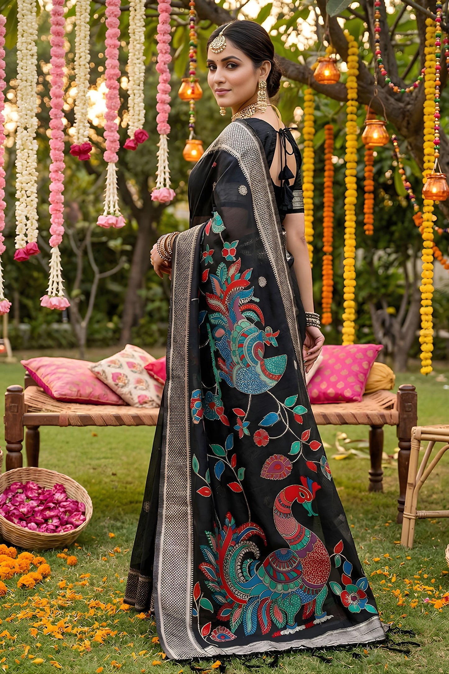 Black Linen Silk Saree Multicolor Peacock Floral Print Zari Border