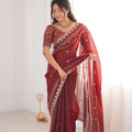 Wine Red Organza Silk Saree Golden Thread Embroidery Designer Blouse