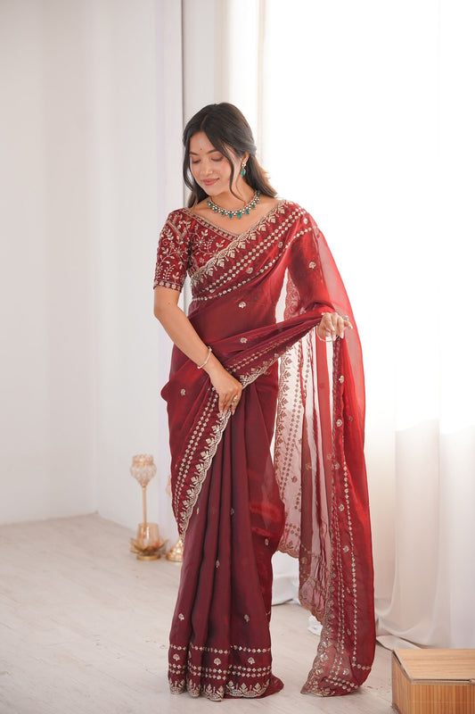 Wine Red Organza Silk Saree Golden Thread Embroidery Designer Blouse