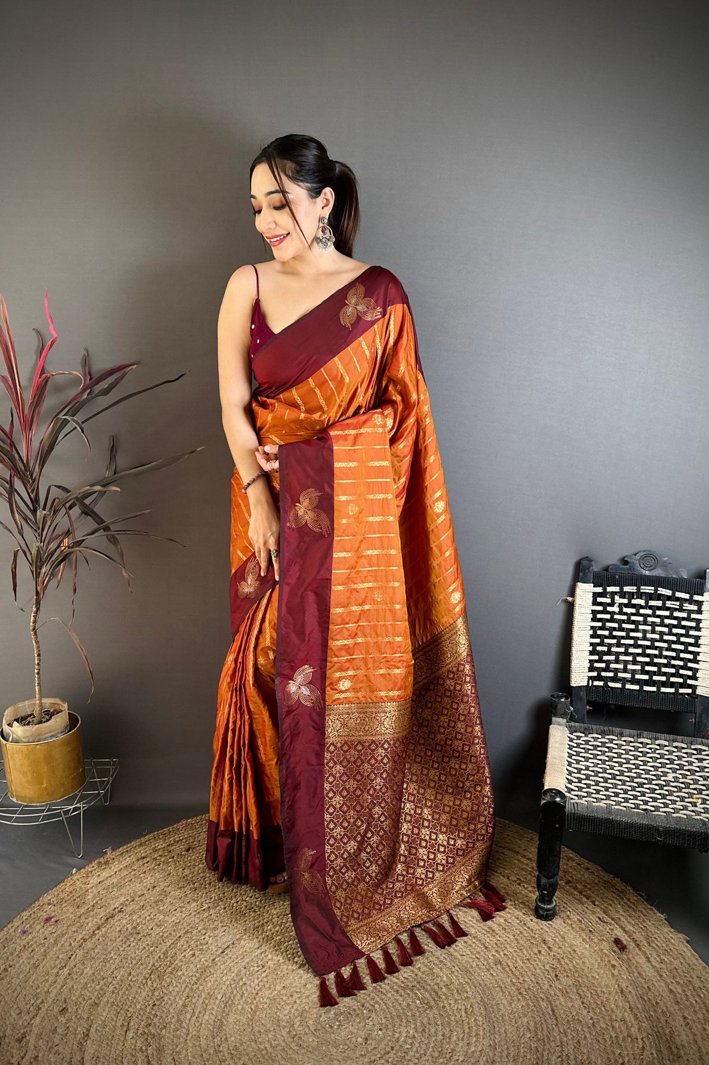 Rust Orange and Maroon Banarasi Silk Saree with Rich Zari Weaving
