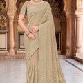 Beige Georgette Saree Heavy Gold Zari Embroidery Designer Blouse 