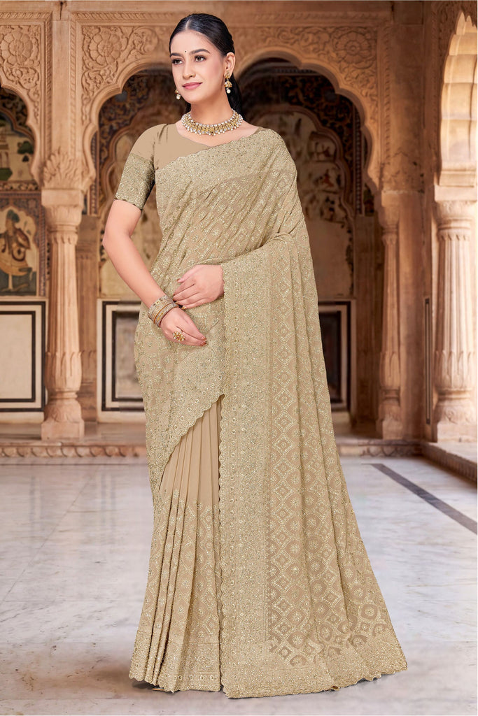 Beige Georgette Saree Heavy Gold Zari Embroidery Designer Blouse 