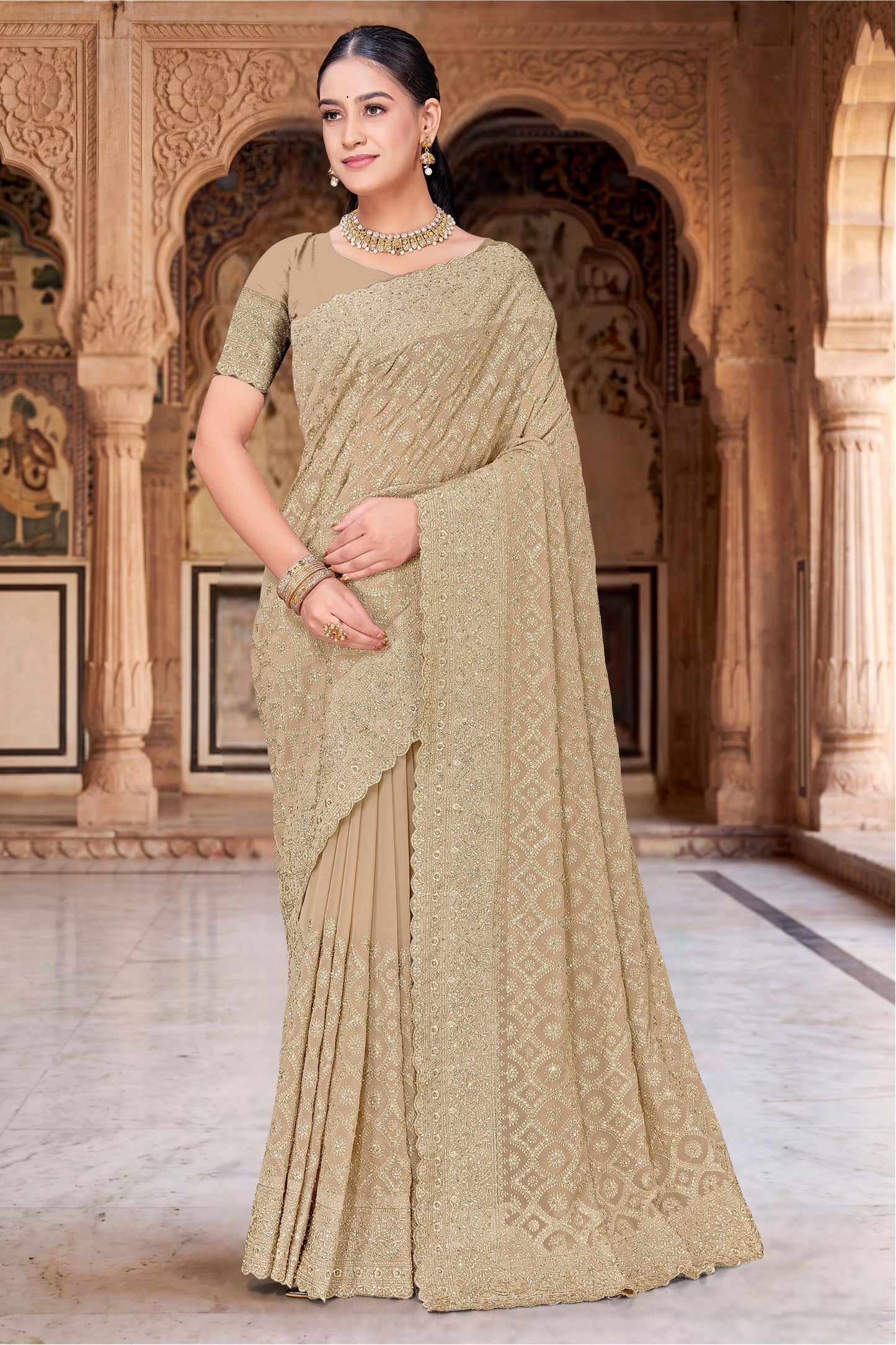Beige Georgette Saree Heavy Gold Zari Embroidery Designer Blouse 