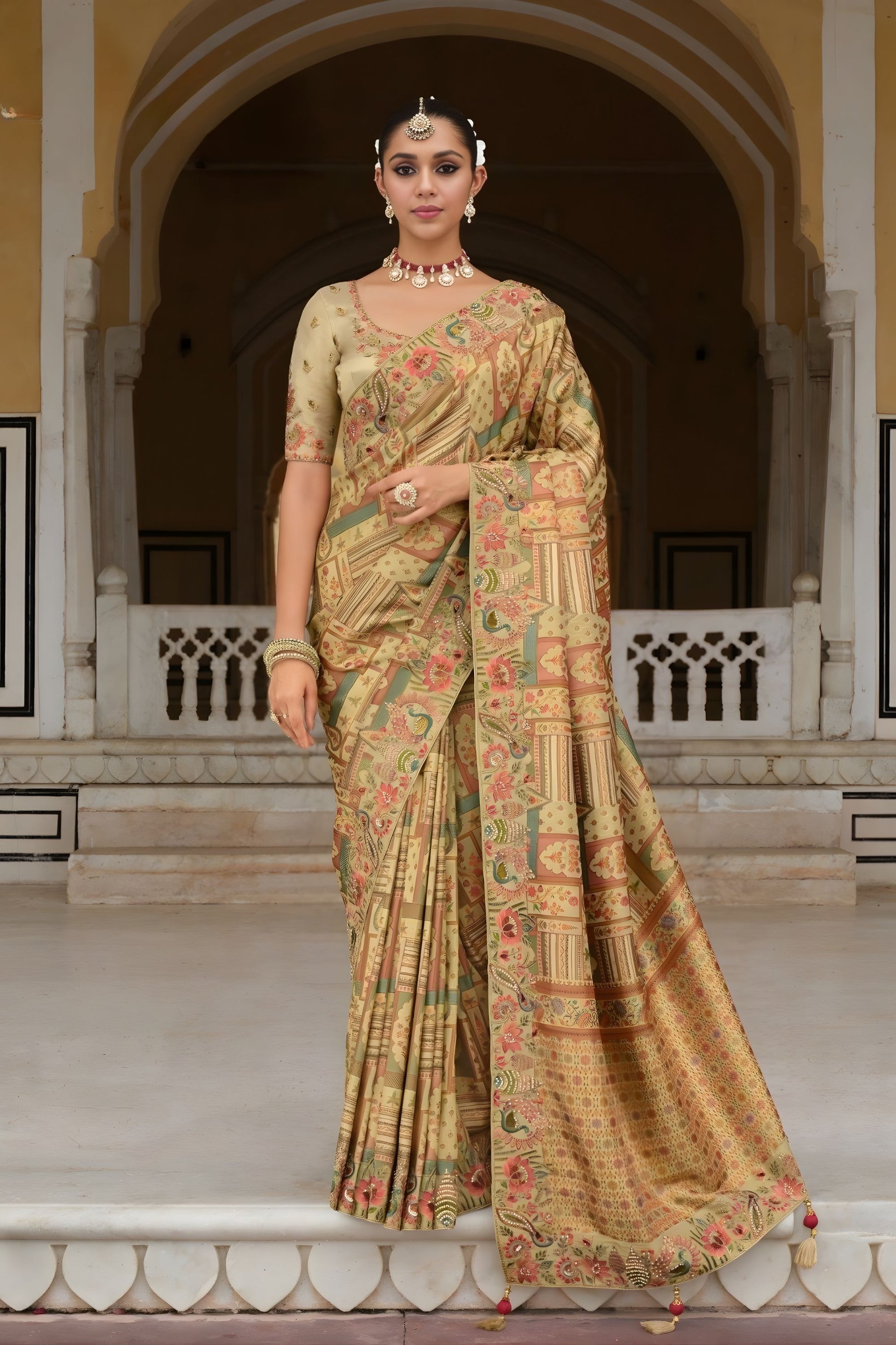 Elegant Beige Multi-Color Woven Silk Saree with Intricate Traditional Prints